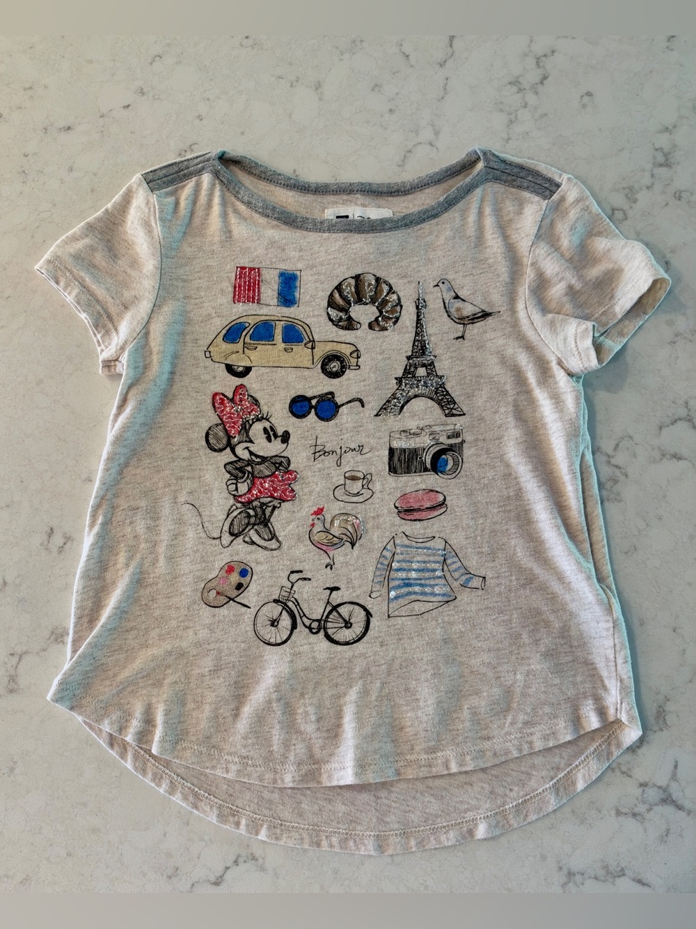 GAP Girls' Minnie Paris Icon Graphic Tee - Light Gray with Red & Blue Accents